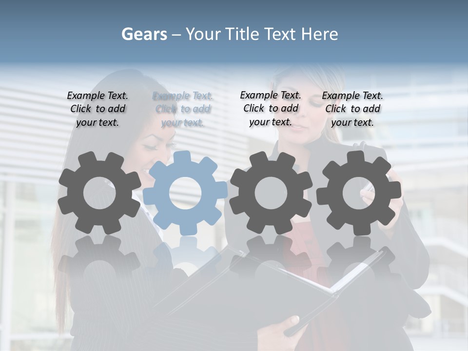 Two Women In Business Attire Looking At A Cell Phone PowerPoint Template