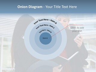 Two Women In Business Attire Looking At A Cell Phone PowerPoint Template