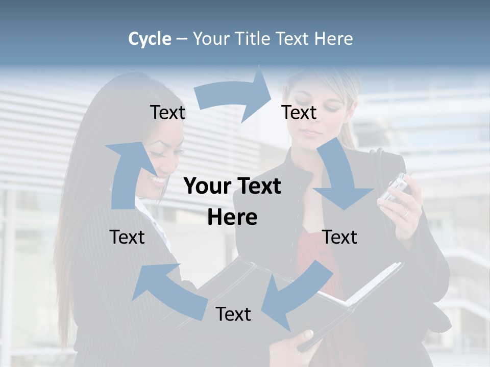 Two Women In Business Attire Looking At A Cell Phone PowerPoint Template