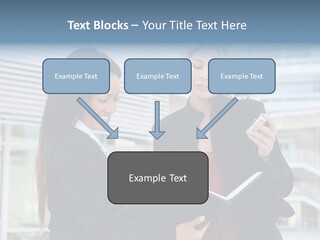 Two Women In Business Attire Looking At A Cell Phone PowerPoint Template