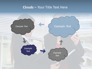 Two Women In Business Attire Looking At A Cell Phone PowerPoint Template