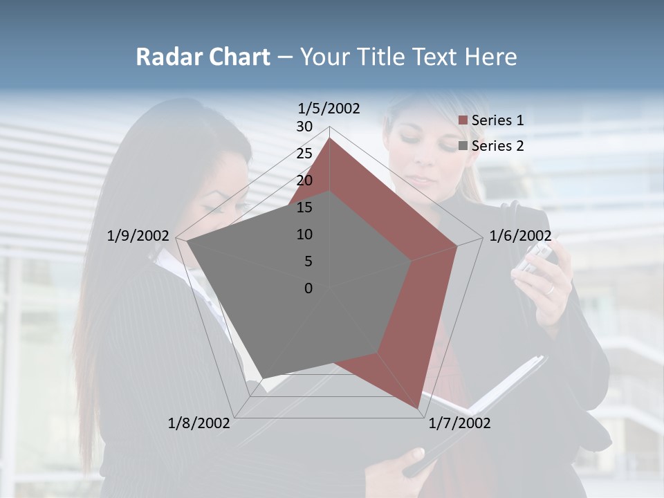 Two Women In Business Attire Looking At A Cell Phone PowerPoint Template