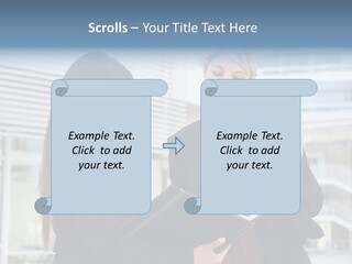 Two Women In Business Attire Looking At A Cell Phone PowerPoint Template