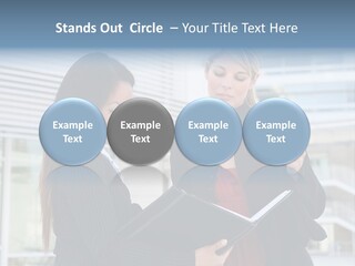 Two Women In Business Attire Looking At A Cell Phone PowerPoint Template