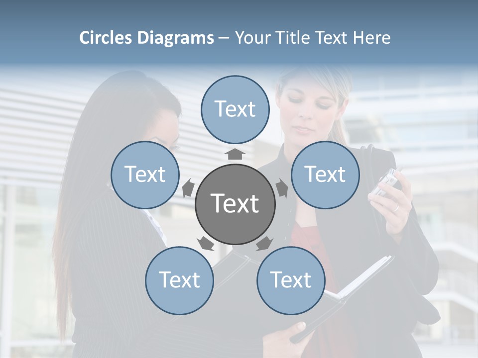 Two Women In Business Attire Looking At A Cell Phone PowerPoint Template