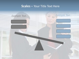 Two Women In Business Attire Looking At A Cell Phone PowerPoint Template