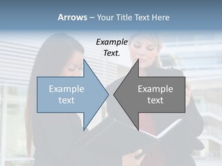 Two Women In Business Attire Looking At A Cell Phone PowerPoint Template