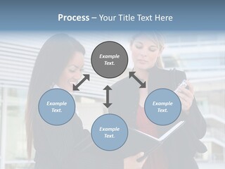 Two Women In Business Attire Looking At A Cell Phone PowerPoint Template