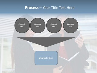 Two Women In Business Attire Looking At A Cell Phone PowerPoint Template