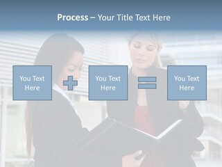 Two Women In Business Attire Looking At A Cell Phone PowerPoint Template
