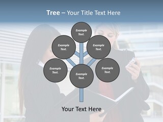 Two Women In Business Attire Looking At A Cell Phone PowerPoint Template