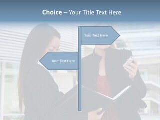 Two Women In Business Attire Looking At A Cell Phone PowerPoint Template