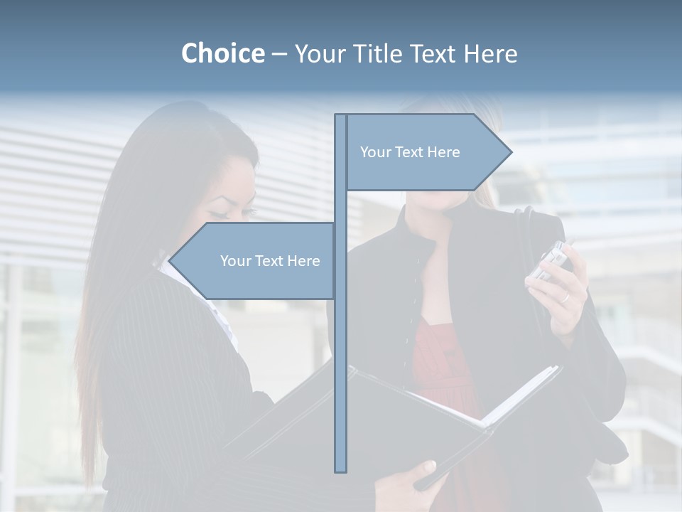 Two Women In Business Attire Looking At A Cell Phone PowerPoint Template