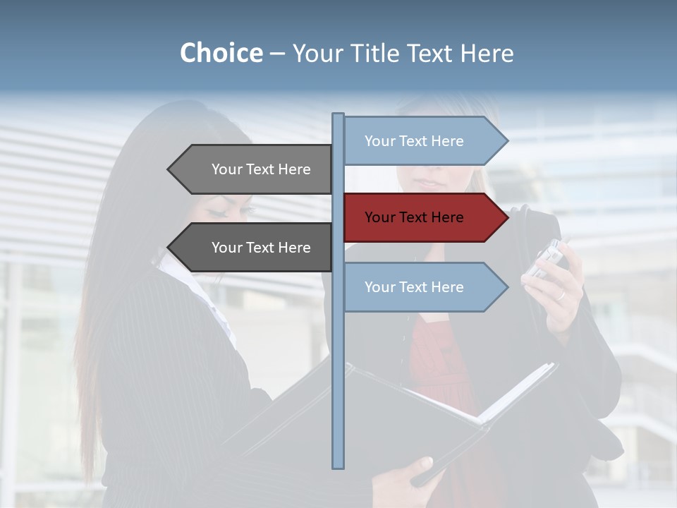 Two Women In Business Attire Looking At A Cell Phone PowerPoint Template