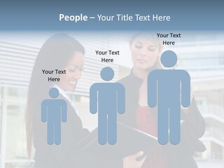 Two Women In Business Attire Looking At A Cell Phone PowerPoint Template