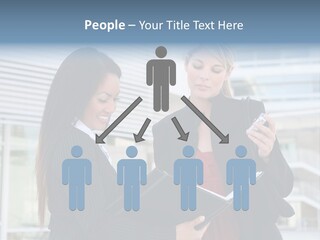 Two Women In Business Attire Looking At A Cell Phone PowerPoint Template