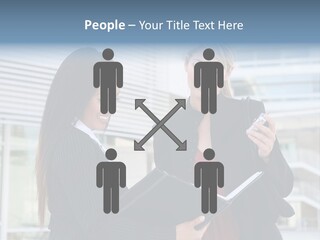 Two Women In Business Attire Looking At A Cell Phone PowerPoint Template