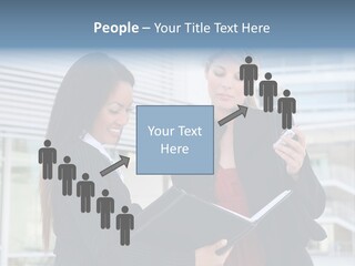 Two Women In Business Attire Looking At A Cell Phone PowerPoint Template