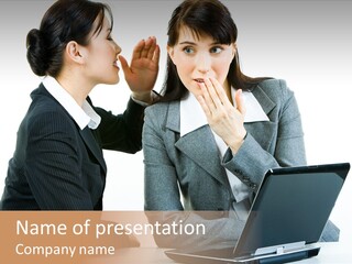 Two Women In Business Attire Look At A Laptop Screen PowerPoint Template