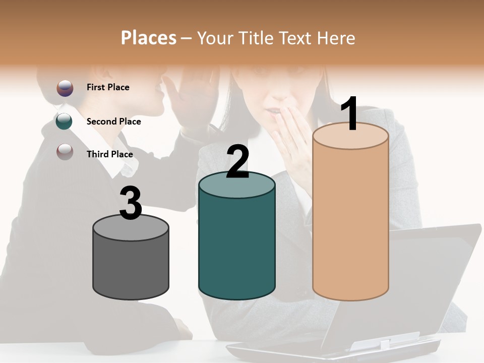 Two Women In Business Attire Look At A Laptop Screen PowerPoint Template