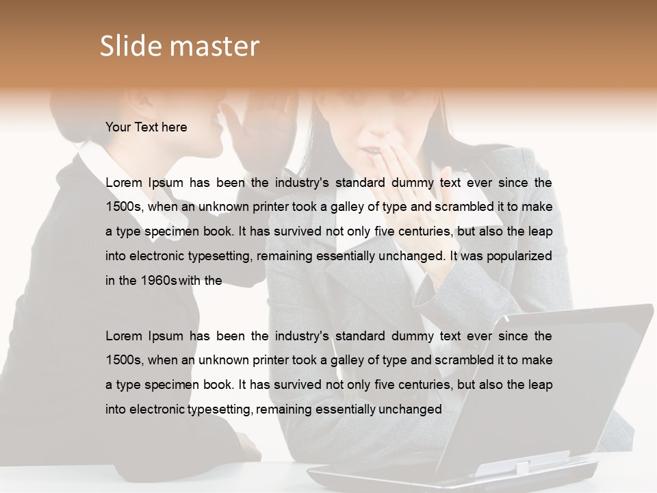 Two Women In Business Attire Look At A Laptop Screen PowerPoint Template