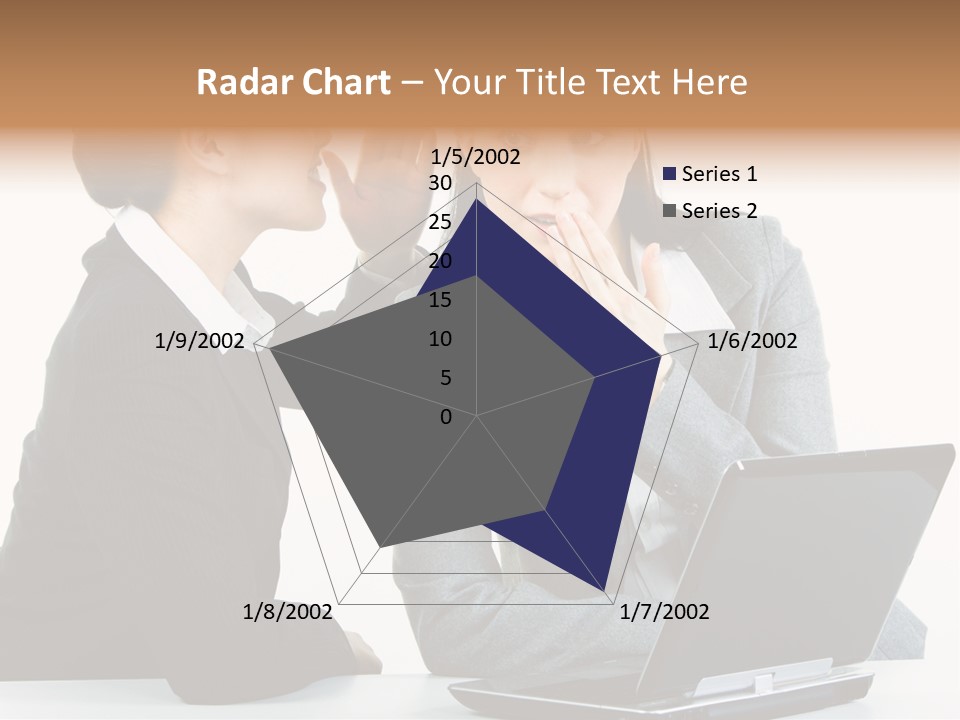 Two Women In Business Attire Look At A Laptop Screen PowerPoint Template