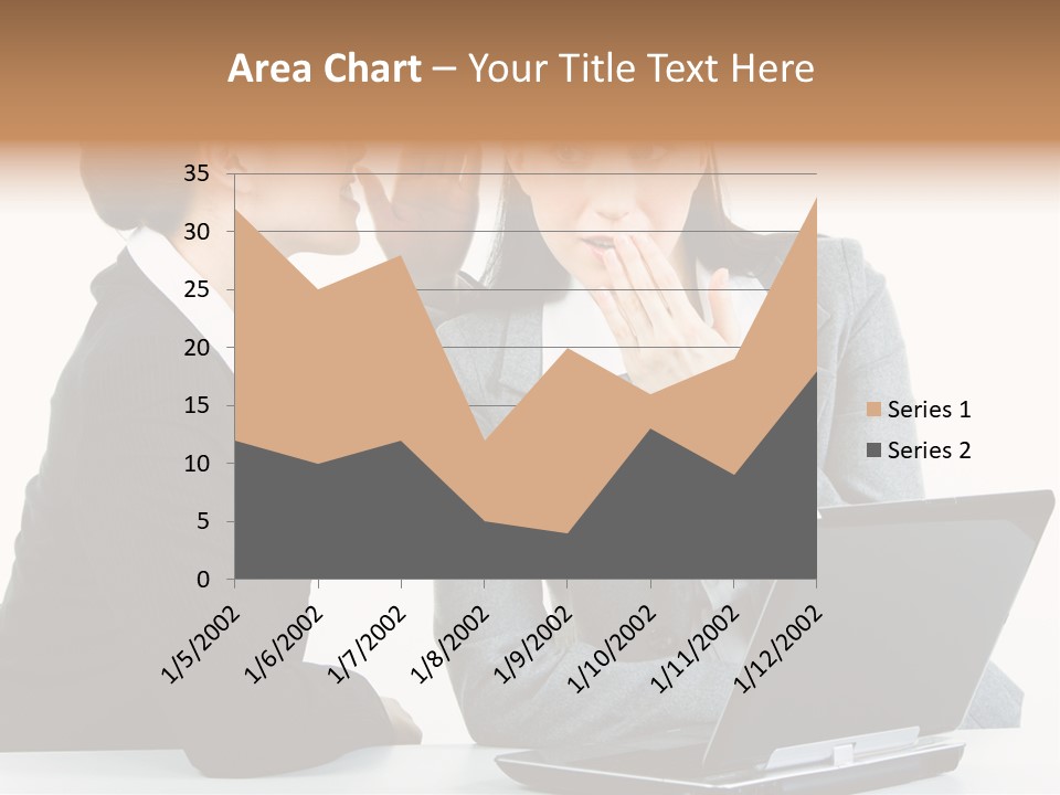 Two Women In Business Attire Look At A Laptop Screen PowerPoint Template