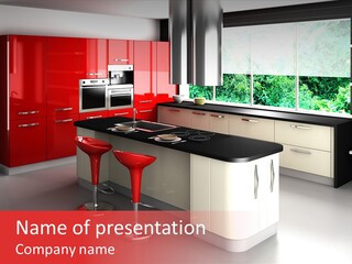 A Red And White Kitchen With Black Counter Tops PowerPoint Template