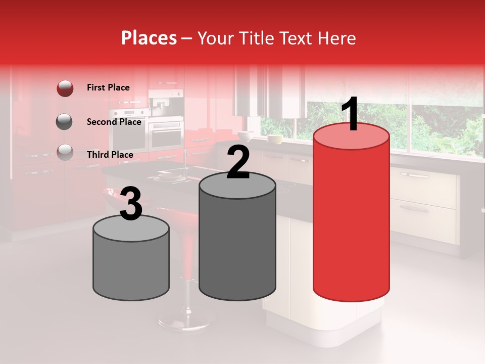 A Red And White Kitchen With Black Counter Tops PowerPoint Template