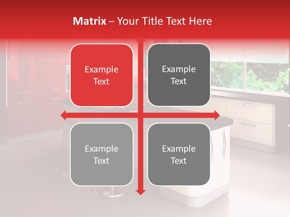 A Red And White Kitchen With Black Counter Tops PowerPoint Template