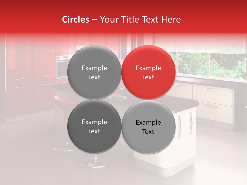 A Red And White Kitchen With Black Counter Tops PowerPoint Template