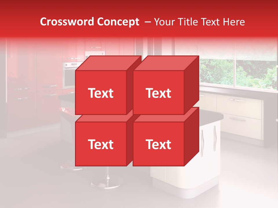 A Red And White Kitchen With Black Counter Tops PowerPoint Template