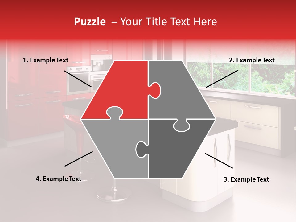 A Red And White Kitchen With Black Counter Tops PowerPoint Template