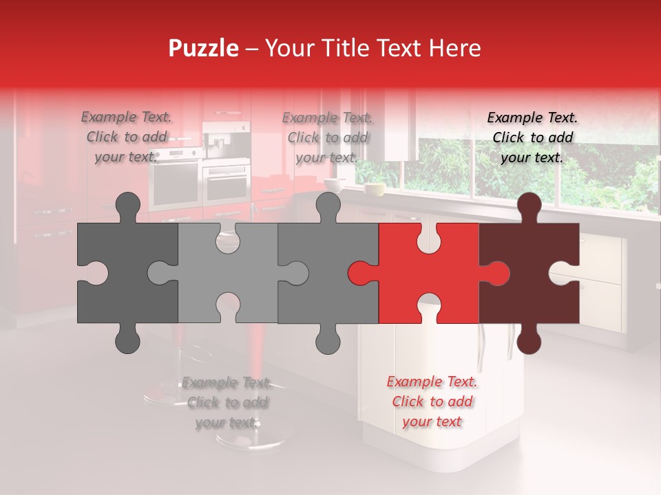 A Red And White Kitchen With Black Counter Tops PowerPoint Template