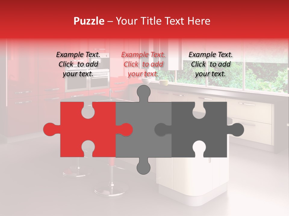 A Red And White Kitchen With Black Counter Tops PowerPoint Template