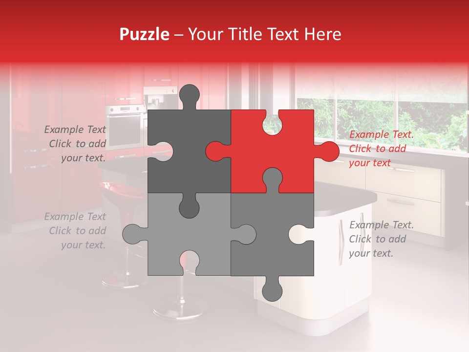 A Red And White Kitchen With Black Counter Tops PowerPoint Template
