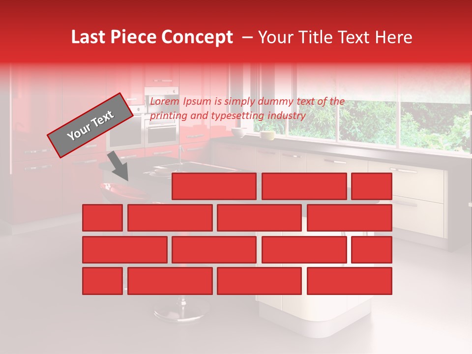 A Red And White Kitchen With Black Counter Tops PowerPoint Template