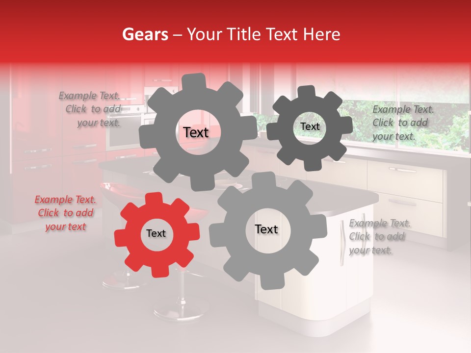 A Red And White Kitchen With Black Counter Tops PowerPoint Template