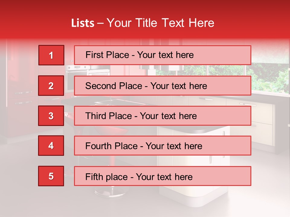 A Red And White Kitchen With Black Counter Tops PowerPoint Template