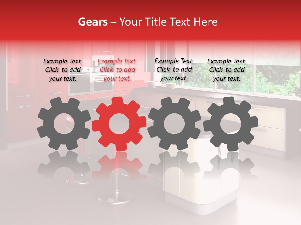 A Red And White Kitchen With Black Counter Tops PowerPoint Template