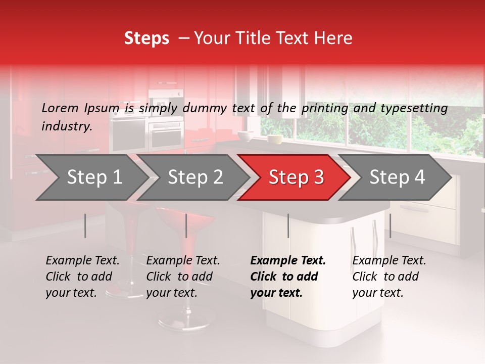 A Red And White Kitchen With Black Counter Tops PowerPoint Template
