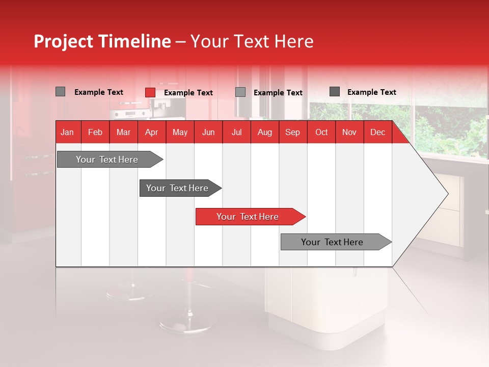 A Red And White Kitchen With Black Counter Tops PowerPoint Template