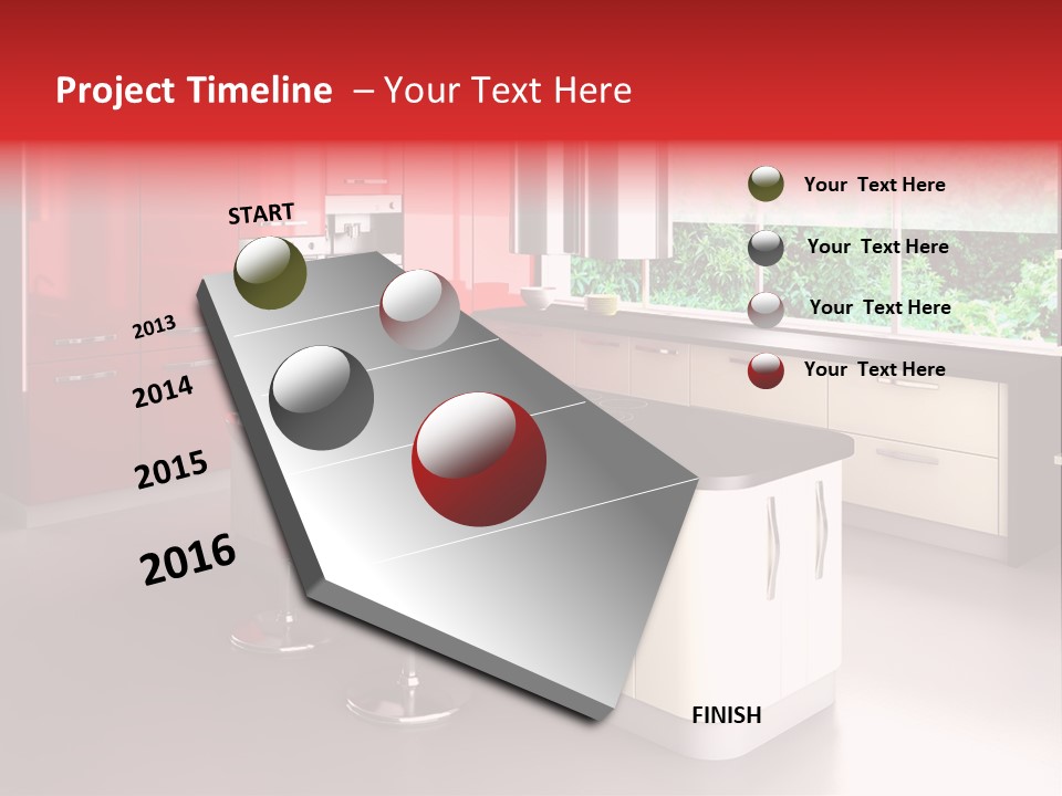 A Red And White Kitchen With Black Counter Tops PowerPoint Template