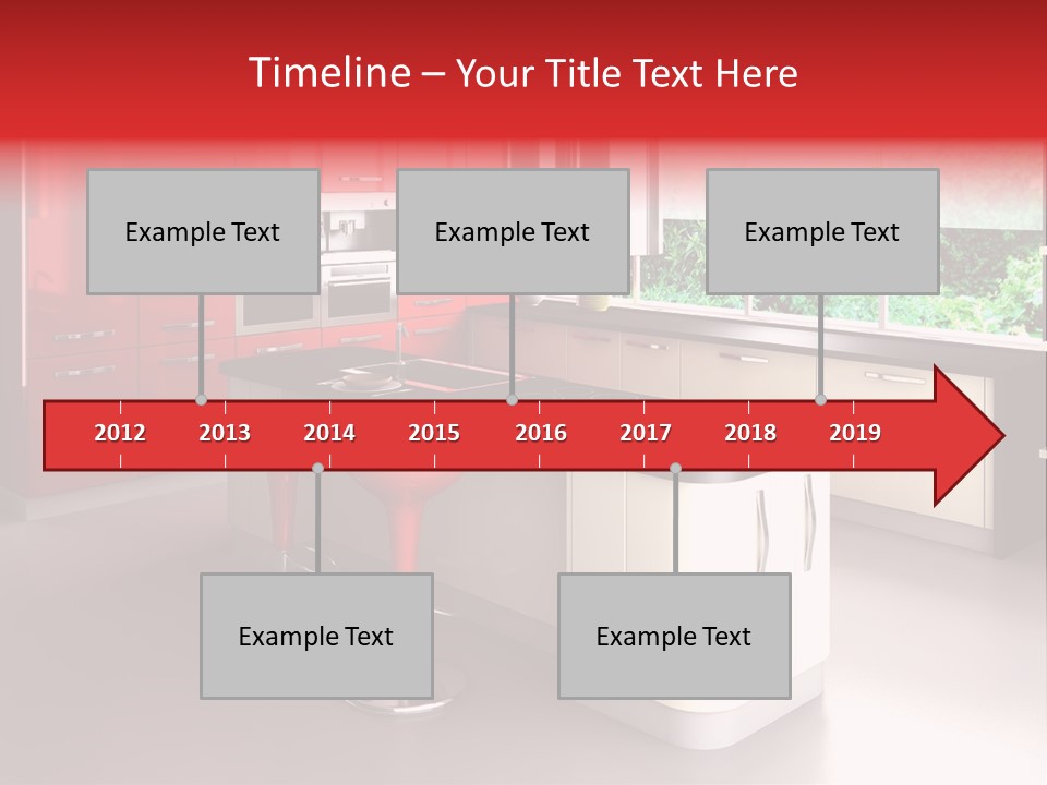 A Red And White Kitchen With Black Counter Tops PowerPoint Template