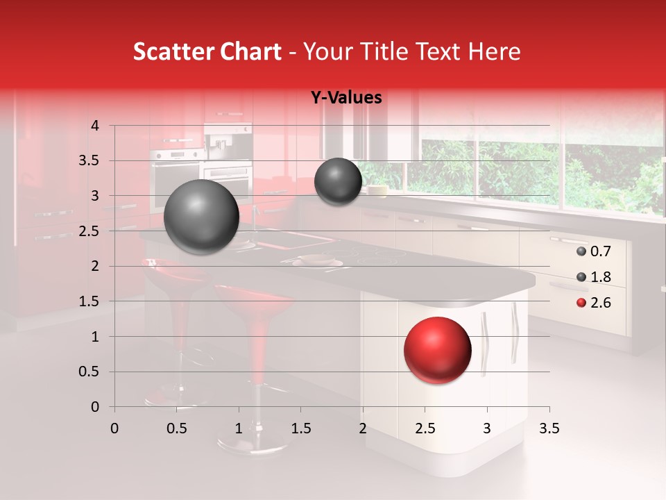 A Red And White Kitchen With Black Counter Tops PowerPoint Template