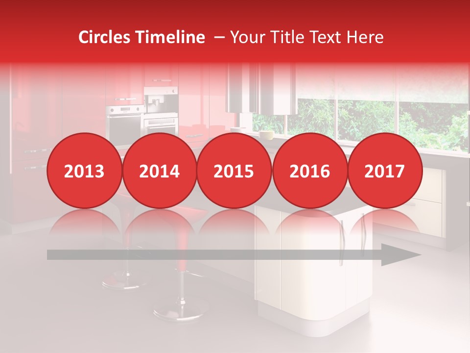 A Red And White Kitchen With Black Counter Tops PowerPoint Template