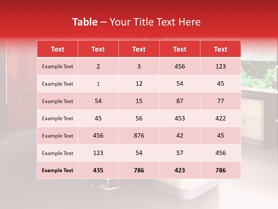 A Red And White Kitchen With Black Counter Tops PowerPoint Template