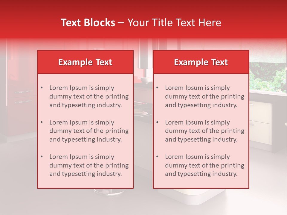 A Red And White Kitchen With Black Counter Tops PowerPoint Template