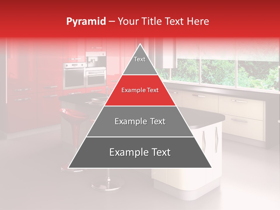 A Red And White Kitchen With Black Counter Tops PowerPoint Template