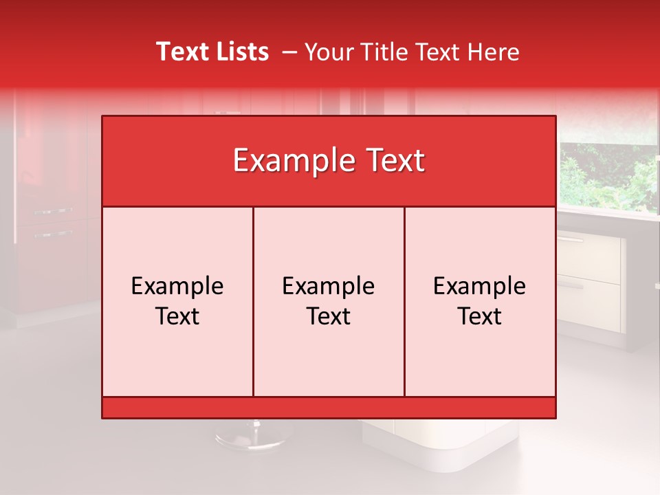 A Red And White Kitchen With Black Counter Tops PowerPoint Template